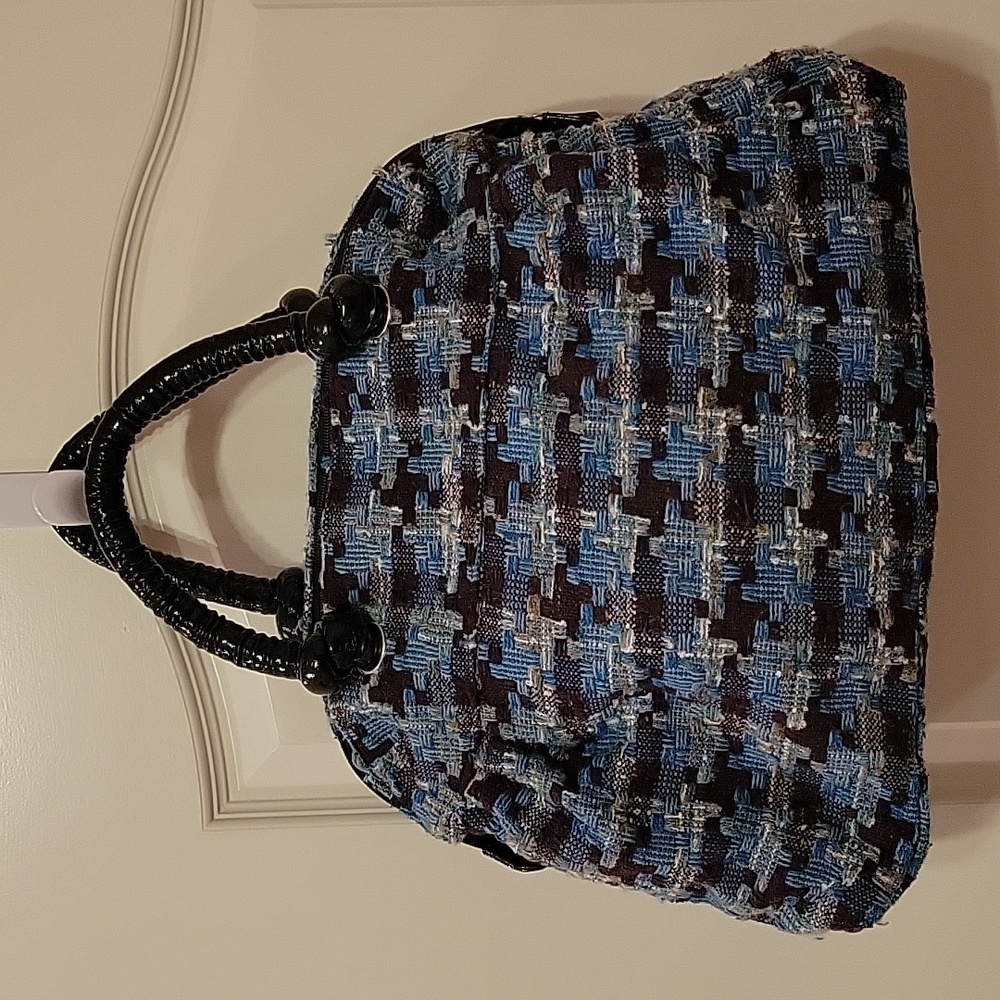 Like New Necessary Objects Blue, Brown, Tan, and White Knit Geometric Satchel